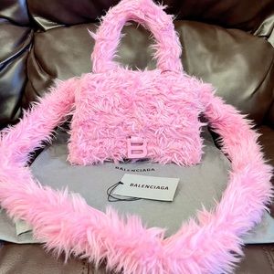 Balenciaga hourglass S Small furry fluffy top handle handbag tote pink faux fur